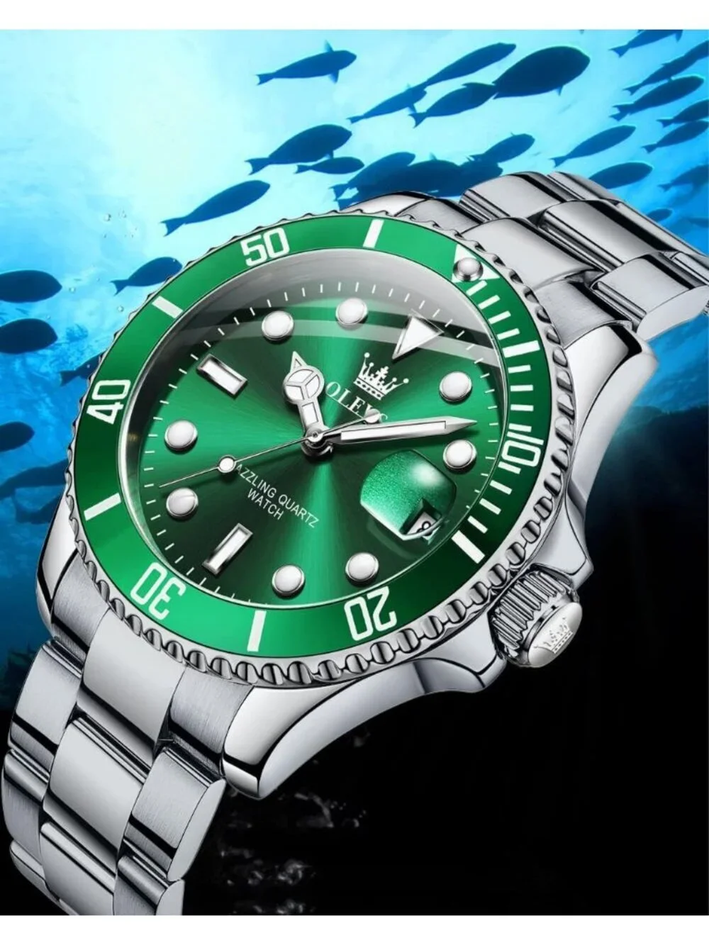 Men's Green Premium Silver Stainless Analog Rotatable Bezel Date Steel Watch